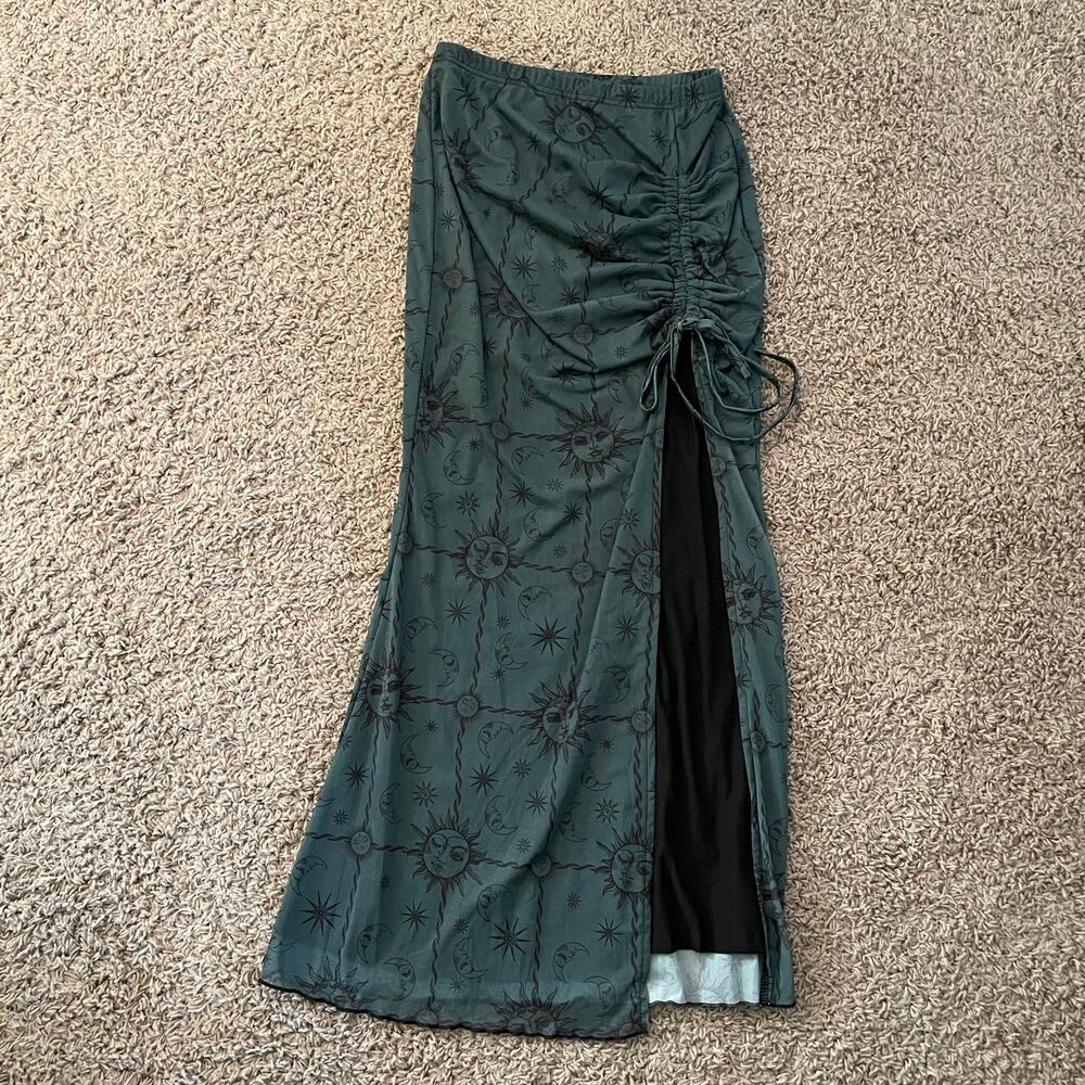 Astral Moon Sun Star Maxi Skirt Side Slit Green Witchy Y2K size small